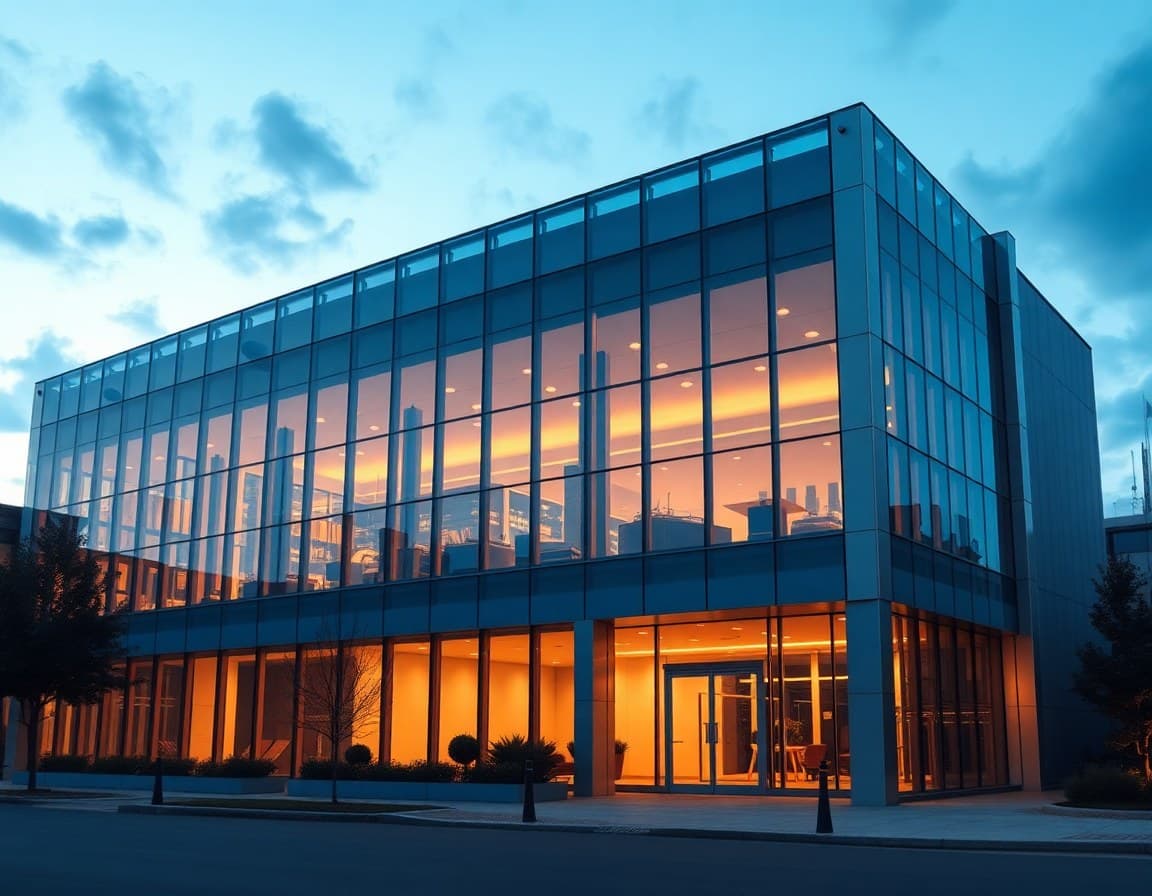 Modern commercial corporate building at dusk