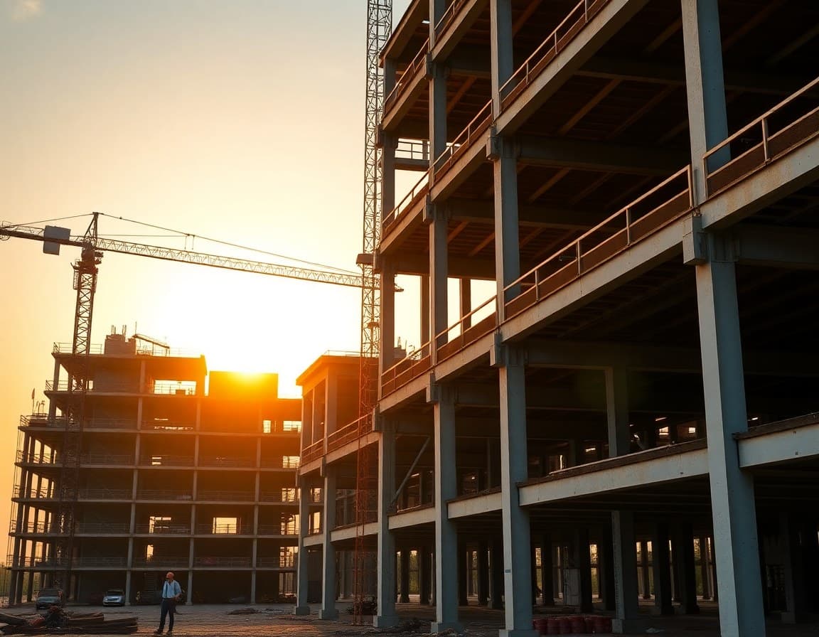 Commercial construction site with steel beams at golden hour