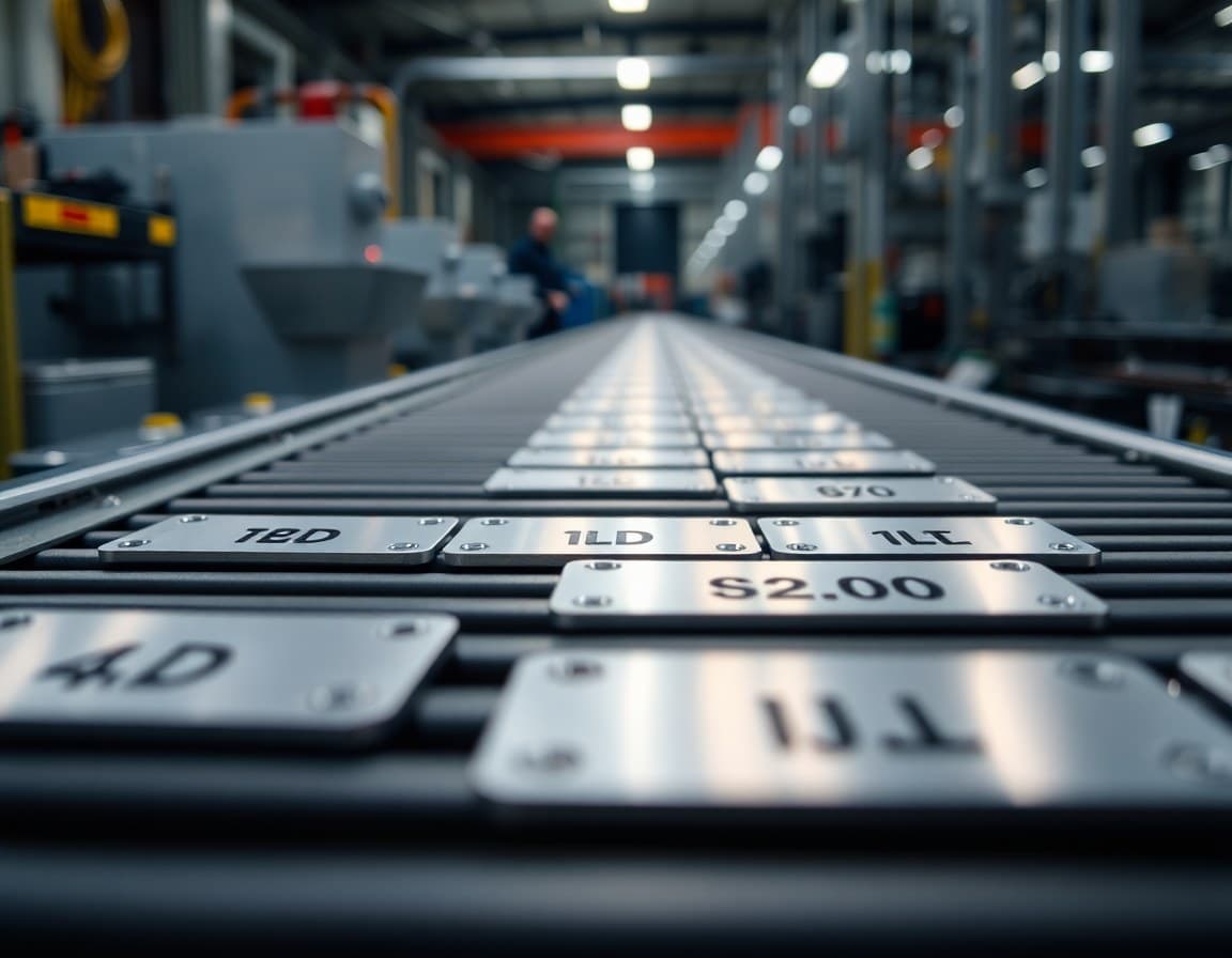 Precision-machined identification plates stacked in fabrication shop