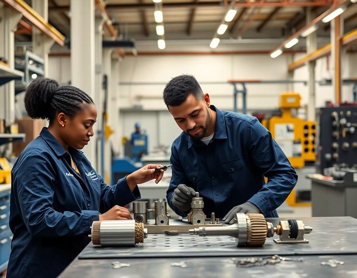 Team inspecting precision components on the production floor
